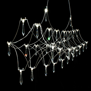 Minimalist living room display window, swan dance crystal chandelier