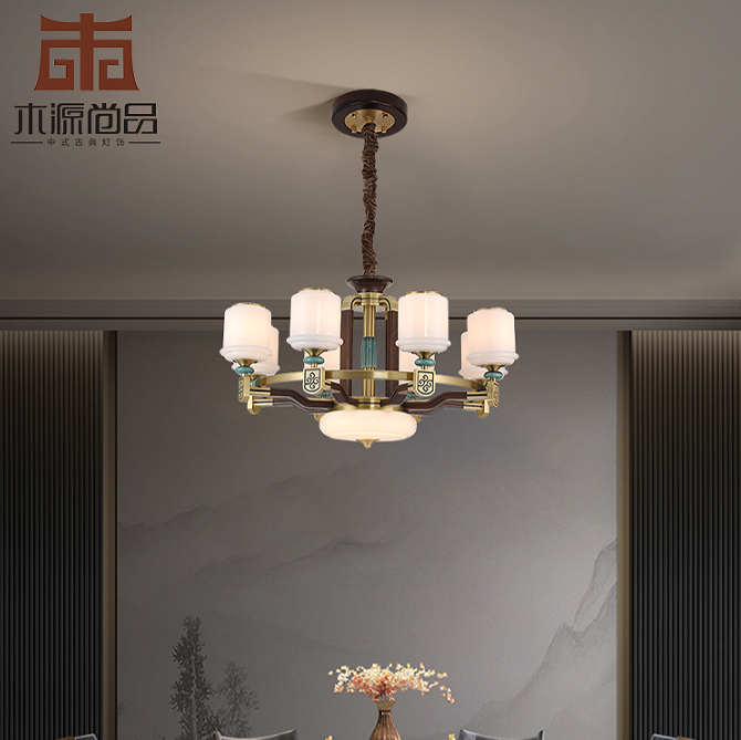 New Chinese style jade living room solid wood main lamp pendant lamp