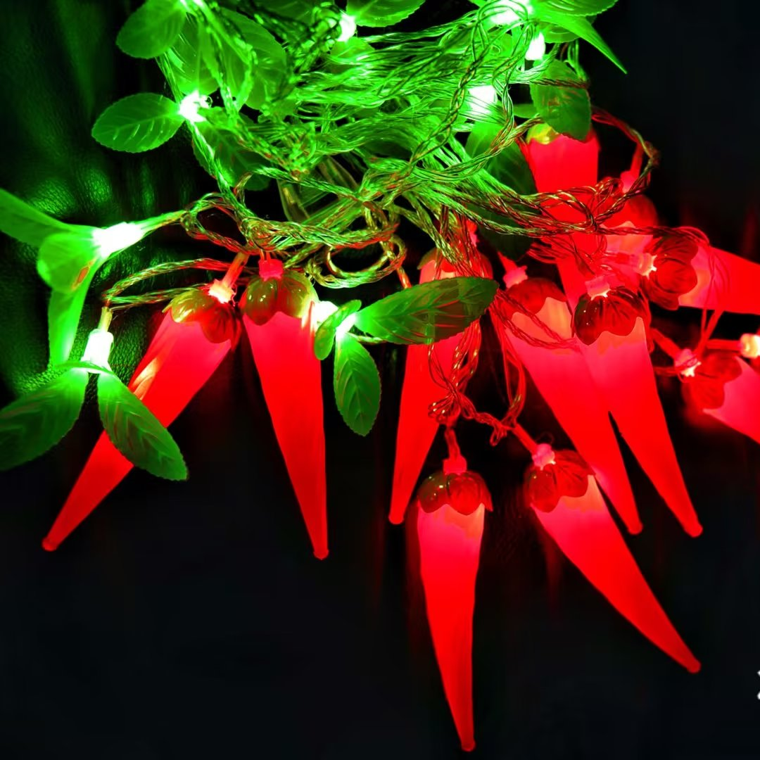 Indoor decoration with 24L green leaf and red chili pepper string light
