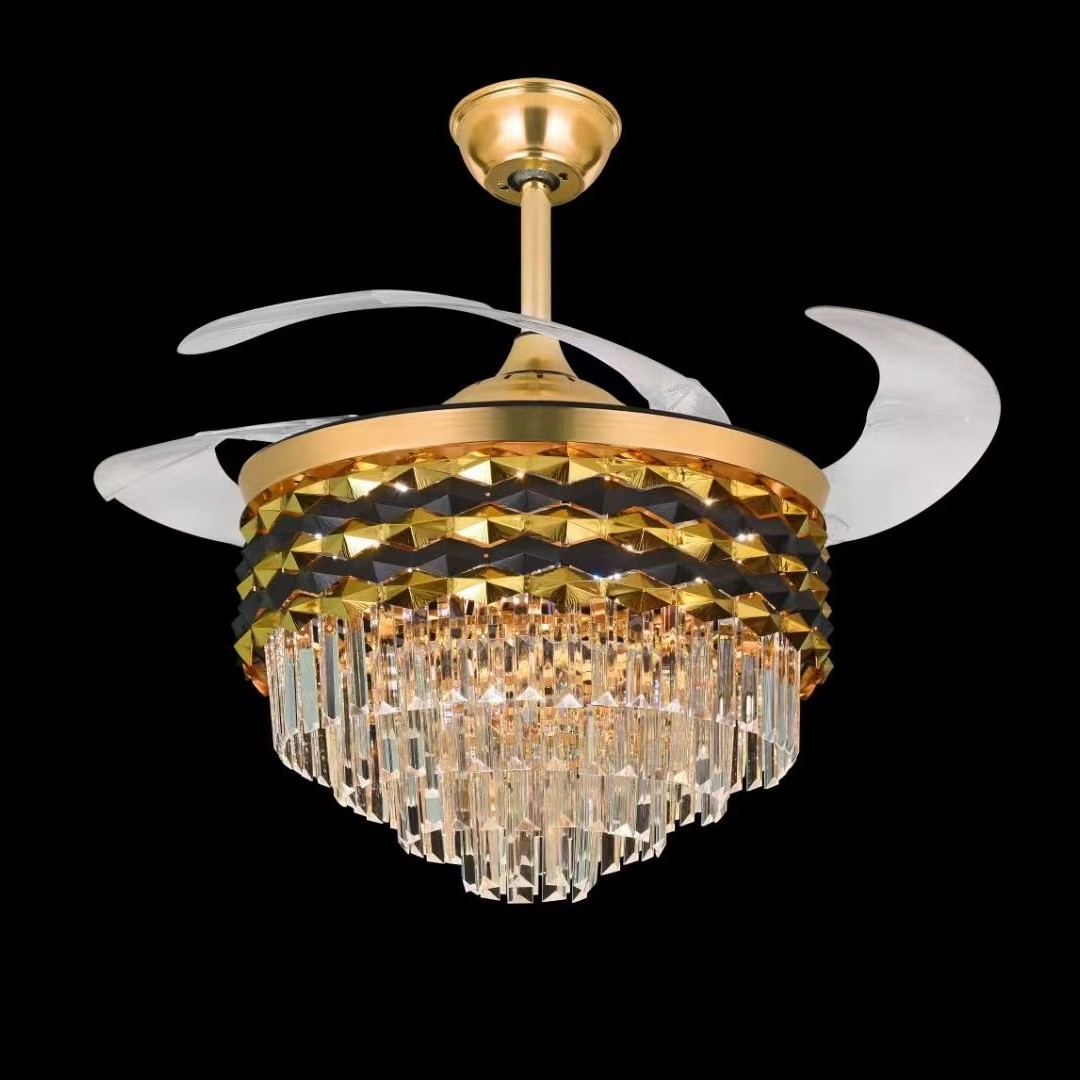 Post-modern Jiutong corrugated black gold crystal fan lamp