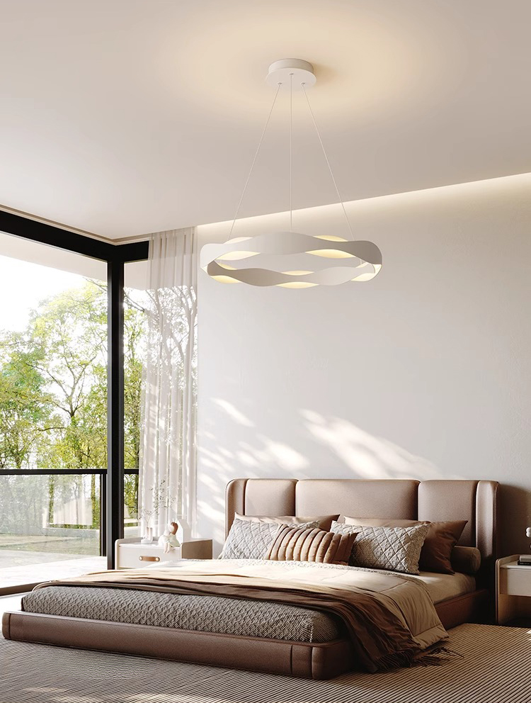 Minimalist Creative Single Pendant Light for Bedroom, Fabric Shade for Warm Glow, Eye-Caring Light for Reading & Sleep