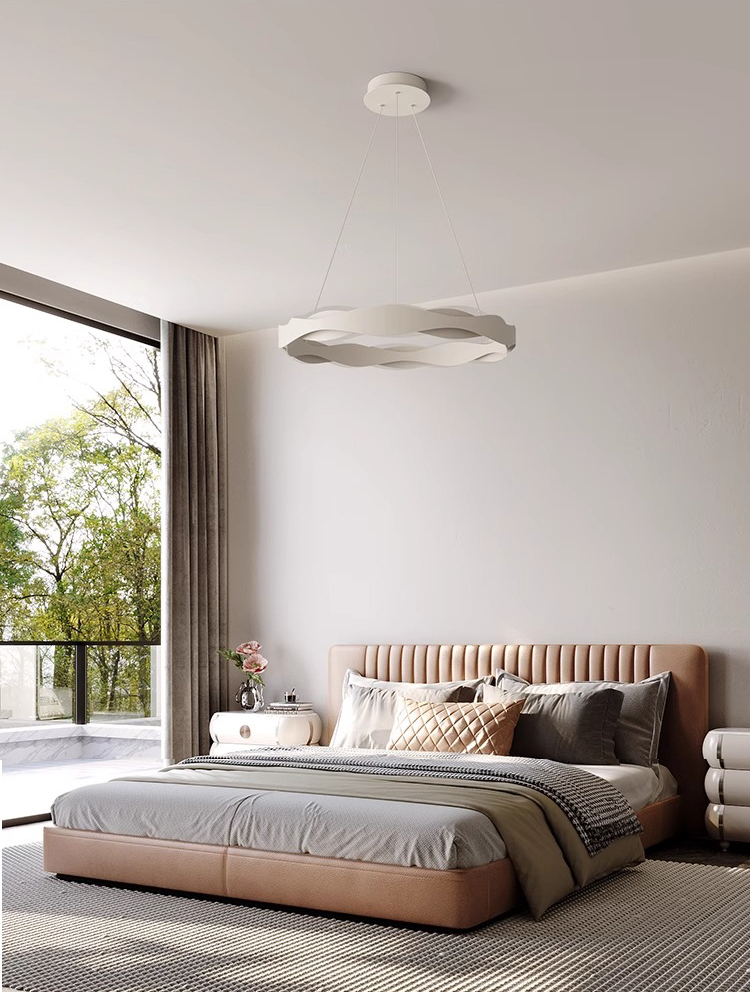 Minimalist Creative Single Pendant Light for Bedroom, Fabric Shade for Warm Glow, Eye-Caring Light for Reading & Sleep