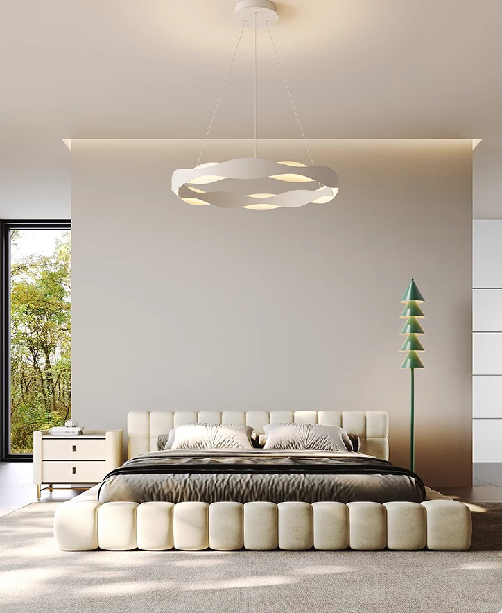 Minimalist Creative Single Pendant Light for Bedroom, Fabric Shade for Warm Glow, Eye-Caring Light for Reading & Sleep