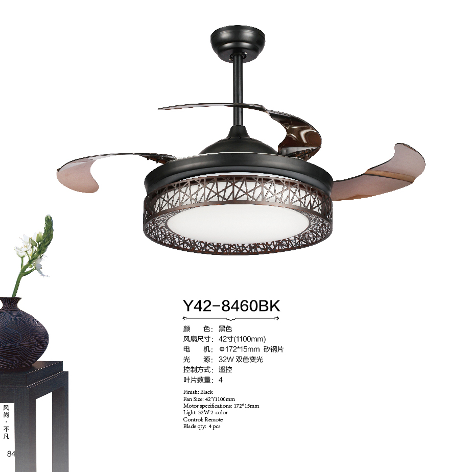 Wind, European style living room, black circle, led remote control fan lamp