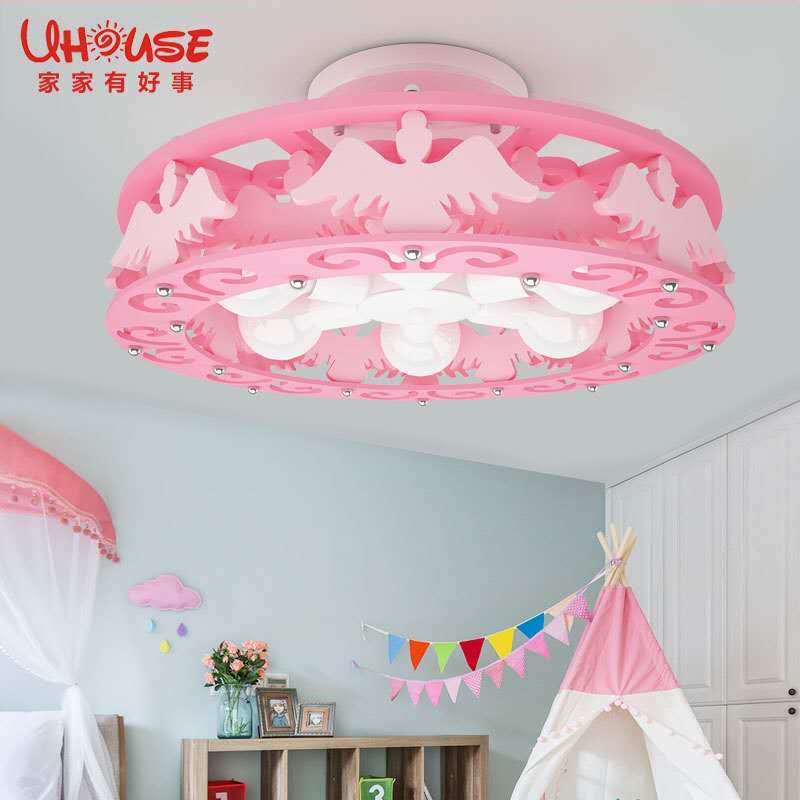 Creative pink swan LED ceiling light in children's bedroom