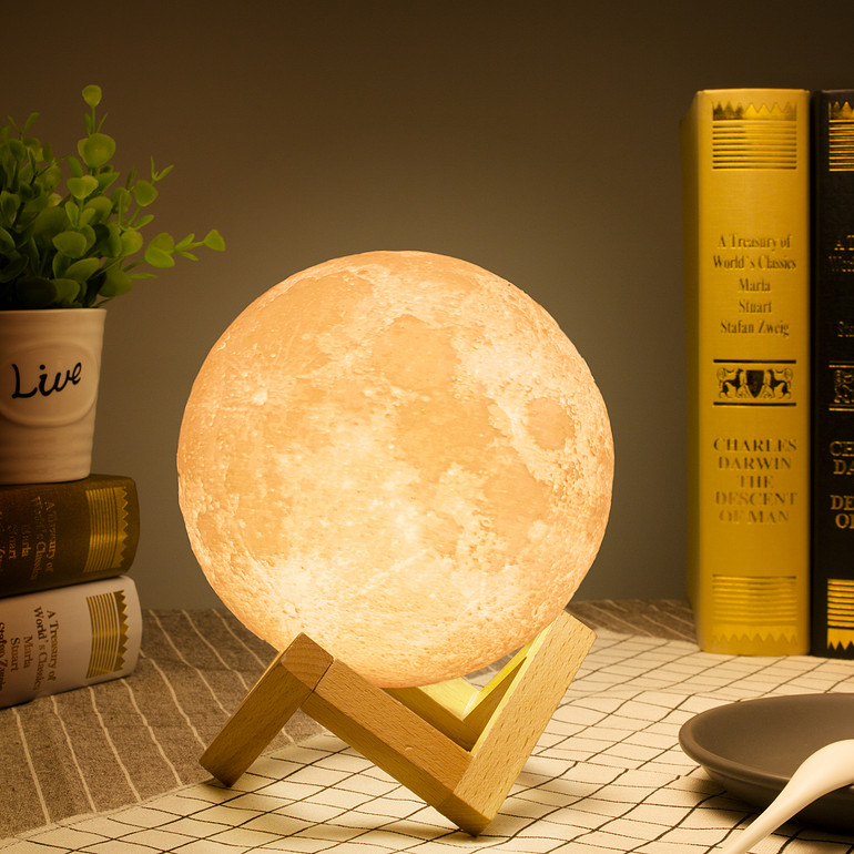 Beautiful 3D-printed moon lamp in indoor bedroom and living room