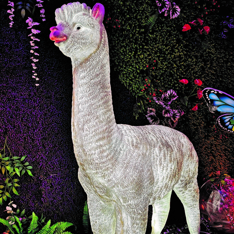 The outdoor patio lawn is decorated with LED luminescent alpaca lights