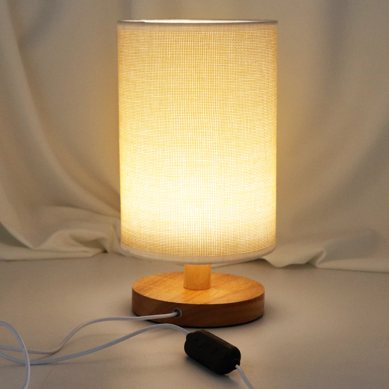 LED indoor round solid wood fabric lampshade table lamp
