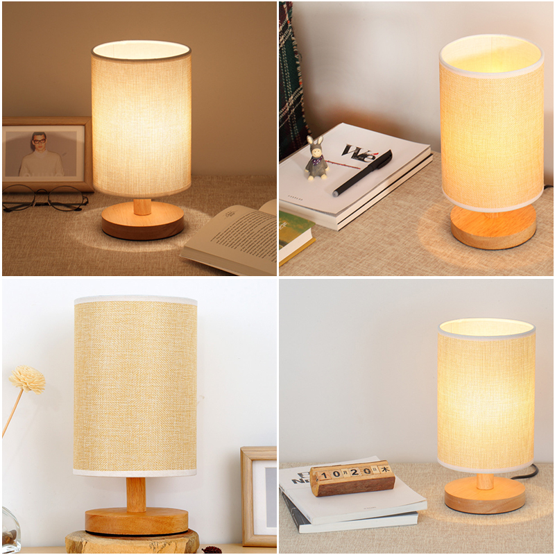 LED indoor round solid wood fabric lampshade table lamp