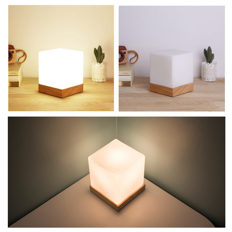 LED indoor square beech wood table lamp with high translucent glass