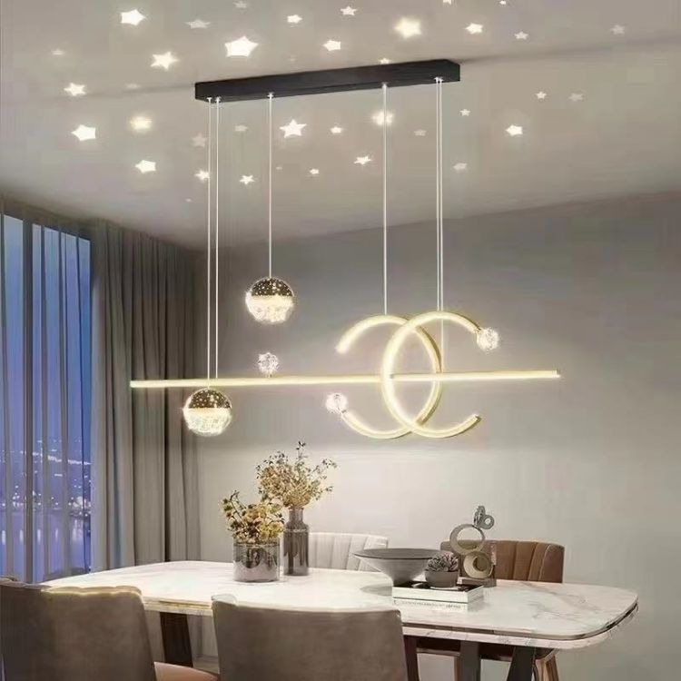 Long Golden Warm Light Restaurant Table Star Sky Projection Chandelier