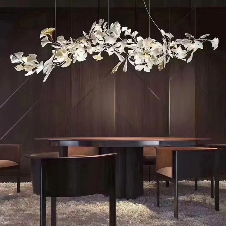 Aerial glazed leaves chandelier in hotel lobby