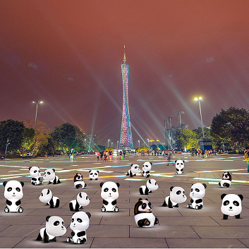 Luminous panda cute sitting lying landscape lights